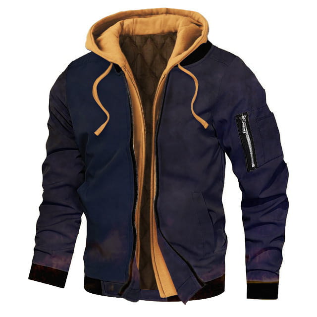 Plus size fleece lined hooded bomber jacket in navy blue with a tan fleece-lined hood and matching drawstrings featuring subtle gradient accents on the sleeves and cuffs.
