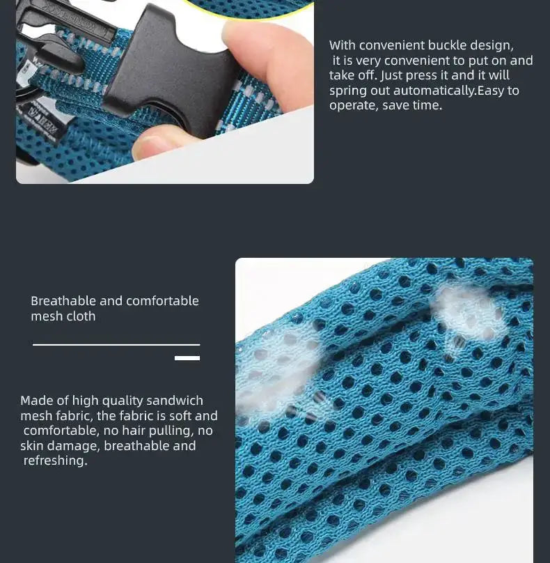 arnés de malla azul con hebilla de plástico negro, mostrado como parte del collar para perro de malla acolchada reflectante talla mediana