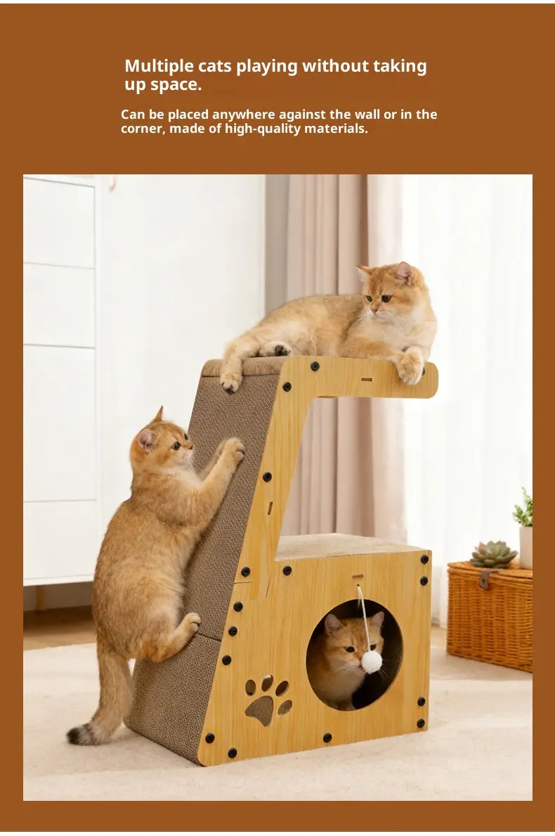 Hell geholztes Kratzbaumbett für Katzen mit Tunnel, Pompon und einer Kratzfläche mit kreisförmigem Eingang.