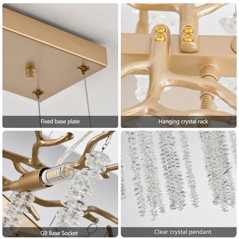 39 inch golden crystal waterfall pendant light featuring a gold-toned tree branch chandelier design with clear crystal pendants and g9 led bulbs.