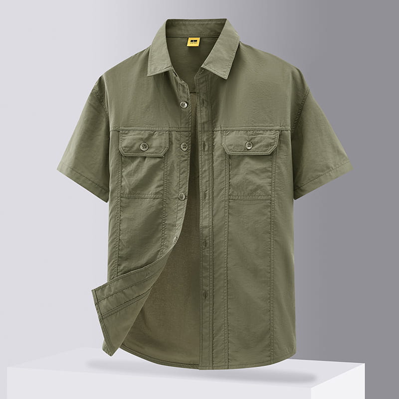 men solid workwear shirt short sleeve in olive green featuring a short-sleeved button-up design with two chest pockets and a collar