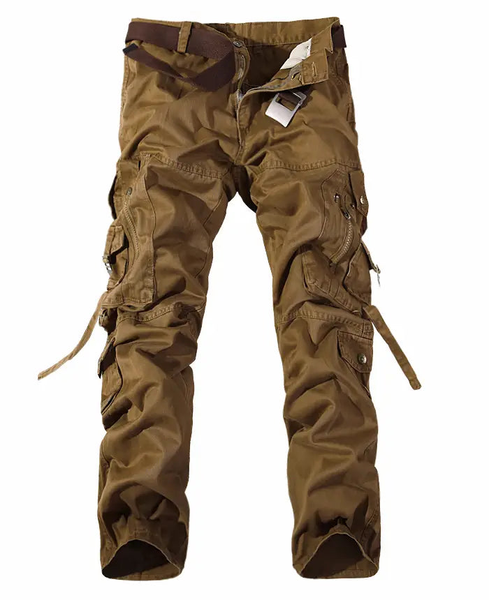 Brown washed cargo pants for men featuring multiple pockets and a matching belt designed for durability and utility.