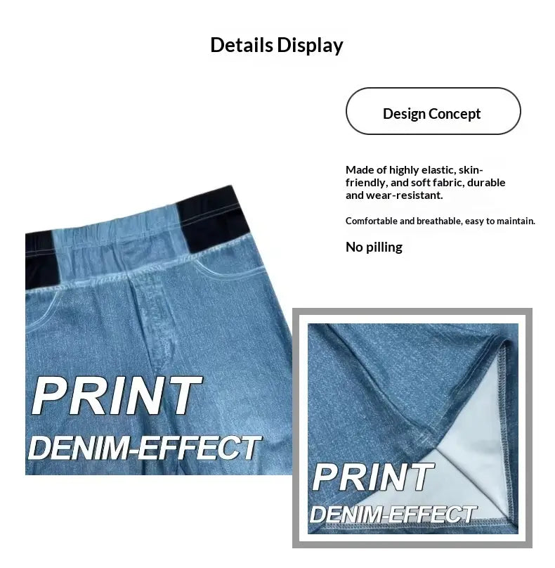 hellblaue Schlaghosen mit elastischem Bund aus blauem Denim-Look-Stoff mit gedrucktem Muster und schwarzem elastischem Bund.