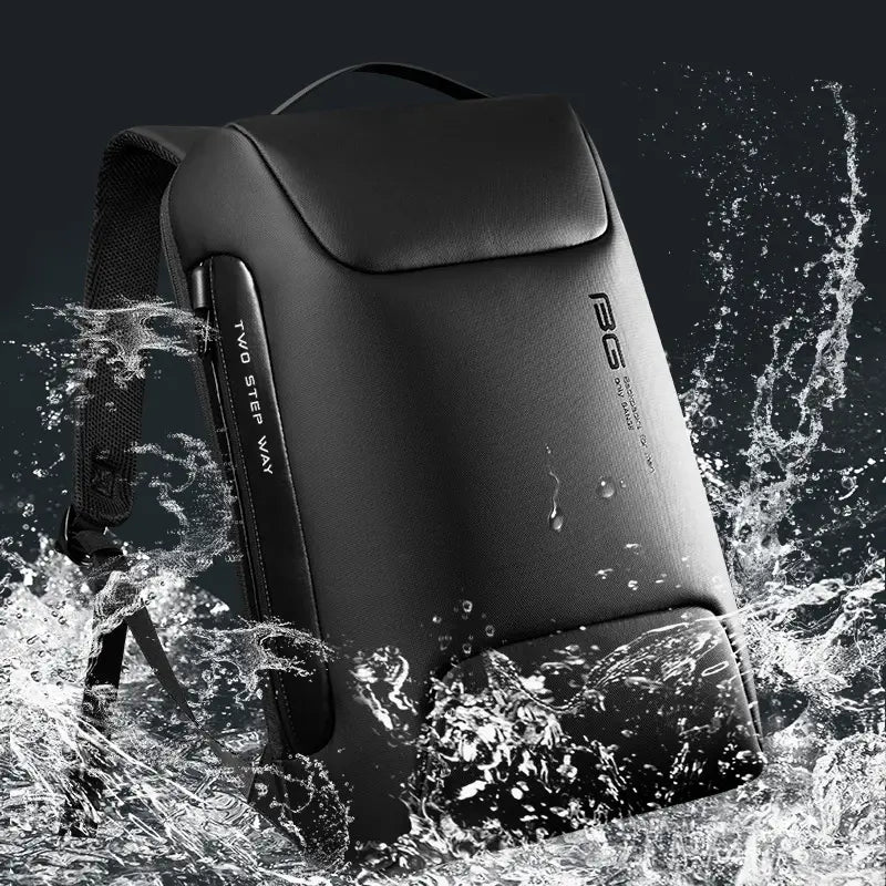 Schwarzer RS-Zwei-Wege-Laptop-Rucksack mit elegantem, wasserabweisendem Design, dezentem Branding und integriertem USB-Anschluss für den geschäftlichen Gebrauch