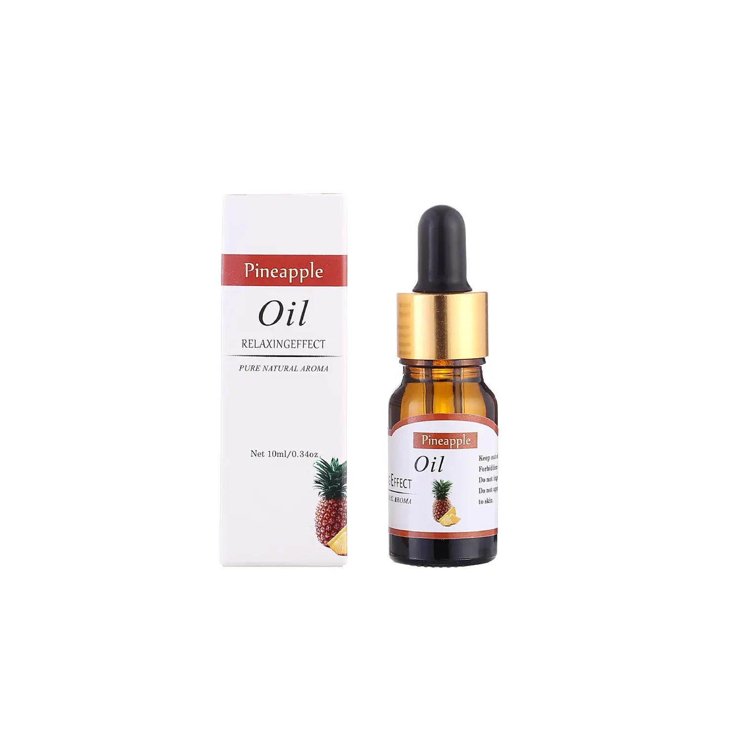 eine elegante bernsteinfarbene Glasflasche mit goldtöniger Pipettenkappe und weißem Etikett mit Ananasdarstellung, enthaltend 10 ml frisches ätherisches Ananasöl zur Aromatherapie.