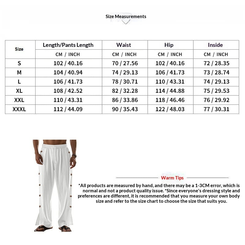 Men’s white linen straight leg pants with a relaxed silhouette and button details along the side seams.