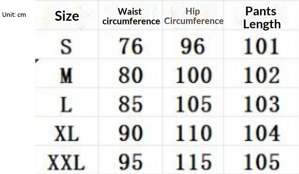 Size chart in centimeters for men’s distressed slim fit stretch denim jeans displaying waist hip and length measurements for sizes S through XXL.