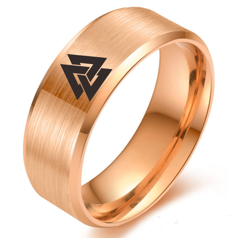 Rose gold-colored titanium ring with a brushed finish and an engraved black valknut viking symbol on the outer surface.