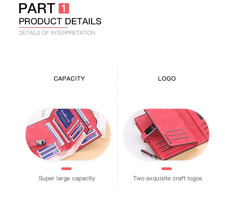 Red leather tri-fold women’s short faux leather multi slot wallet with two embossed logos and multiple card slots.