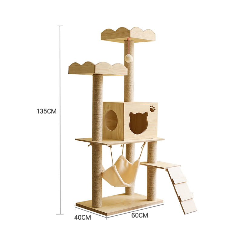 Beige wooden cat tree scratching post and condo featuring multiple platforms, scratching posts, and a hanging hammock.