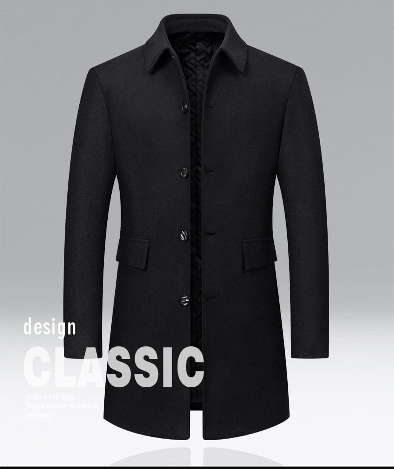black classic men woolen overcoat with quilted lining featuring a notched collar and front button closure