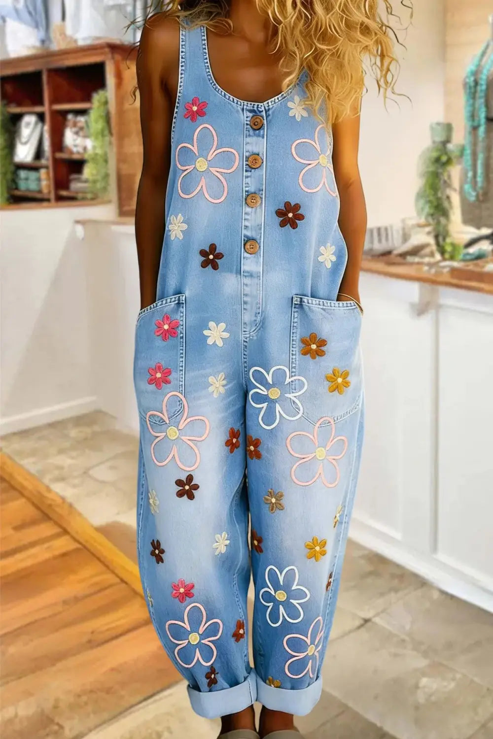 耐久性のあるデニム生地に、ピンク・白・ブラウンの上品な組み合わせでカラフルな刺繍の花を施した、ライトブルーデニムのオーバーオール（ワイドレッグ・レトロパンツ）です。