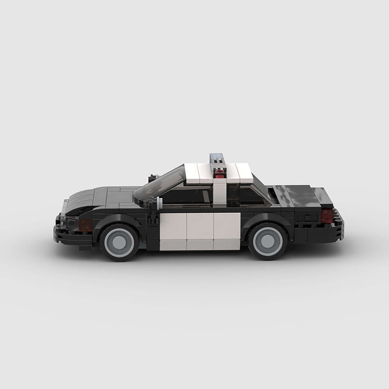 Modelo de coche de policía de lego en blanco y negro, con barra de luces montada en el techo, a partir de bloques de construcción del modelo de coche de policía, para niños y adultos.
