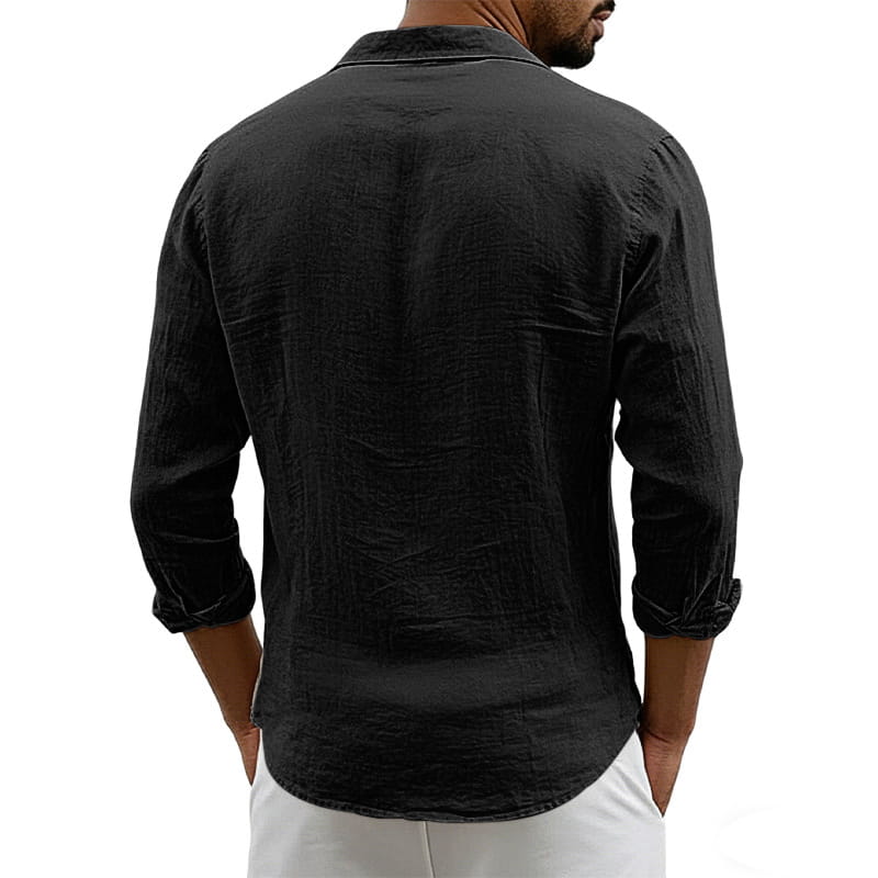 Black slim fit linen blend long sleeve casual shirt with collar and rolled cuffs for men.