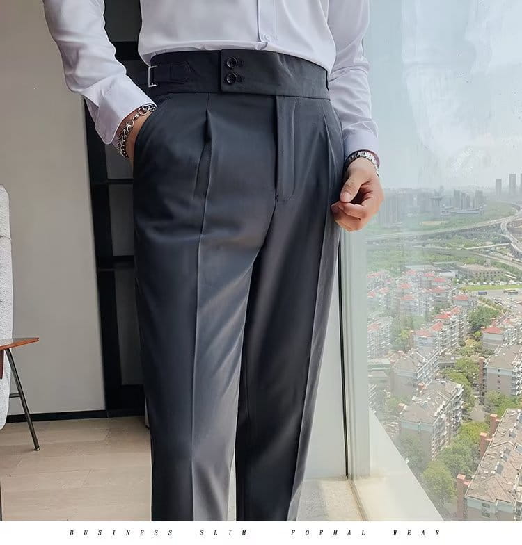 Dark gray slim-fit formal Korean style men trousers with structured waistband and double-button closure.
