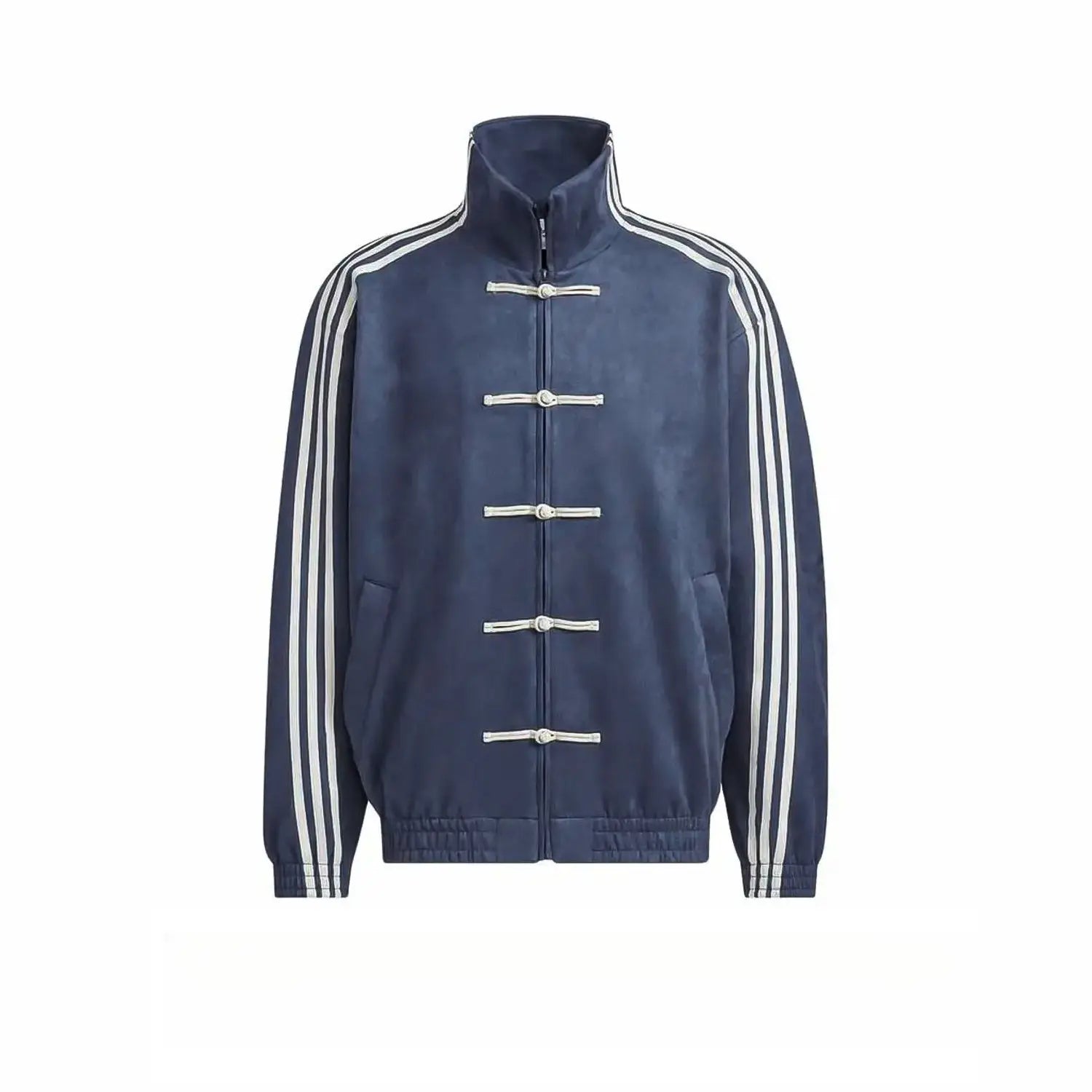 Navy blue adidas tang style fleece sport jacket featuring white three-stripe sleeves and traditional toggle closures.