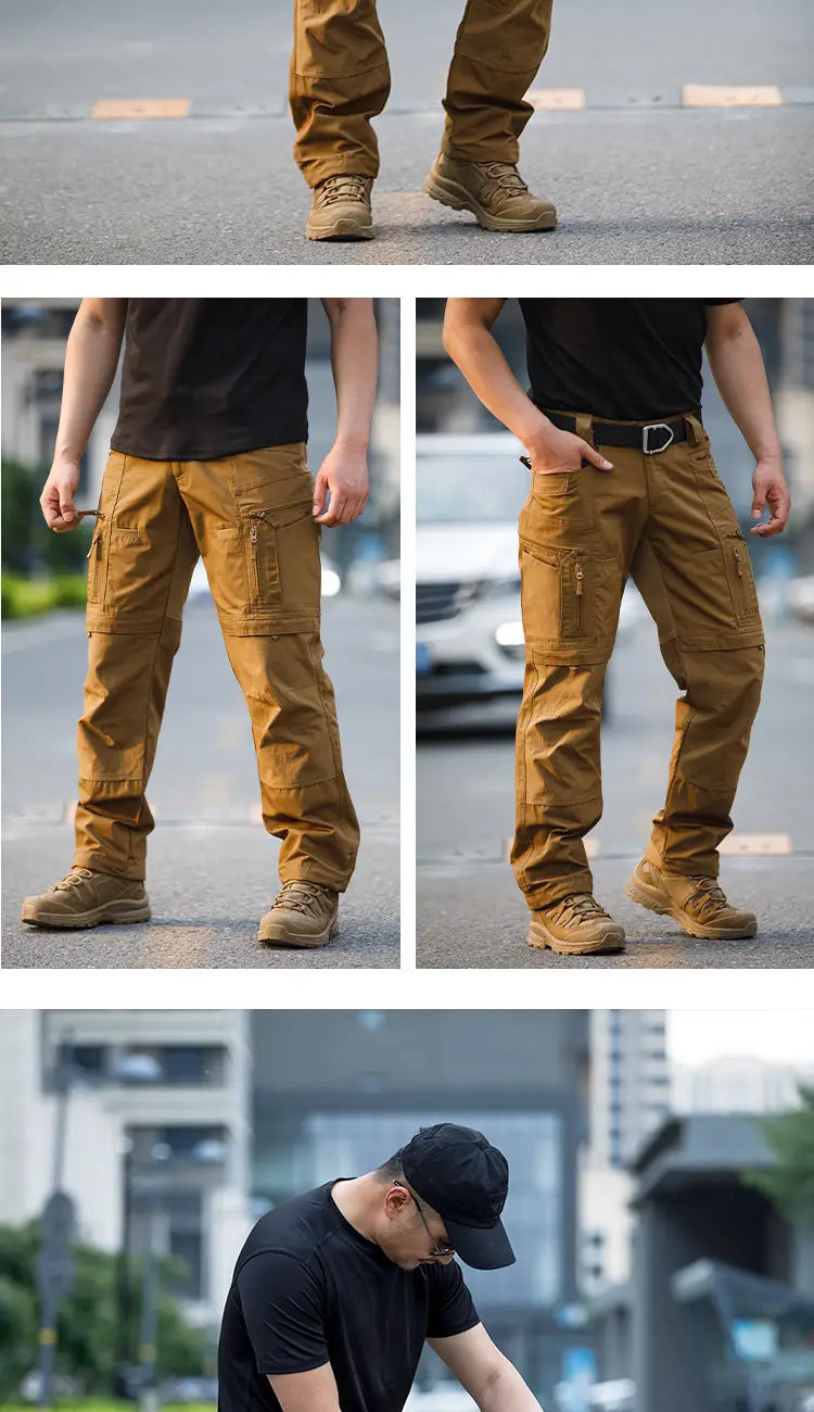 Mens waterproof tactical hiking cargo pants in tan color featuring durable fabric design and multiple pockets.