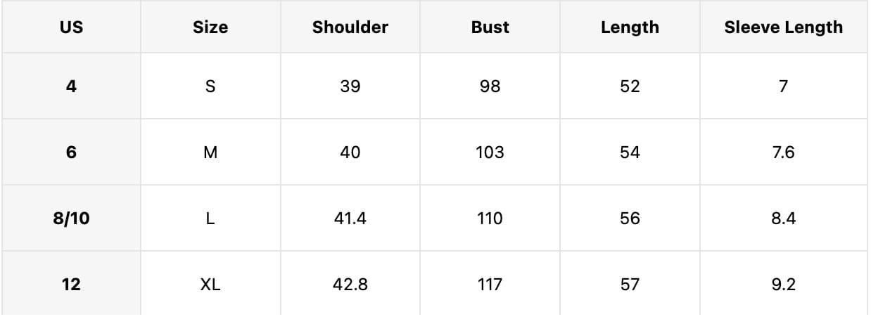 Size chart for a tiered striped ruffle hem blouse in beige showing measurements in inches for women’s garment sizes s through xl.