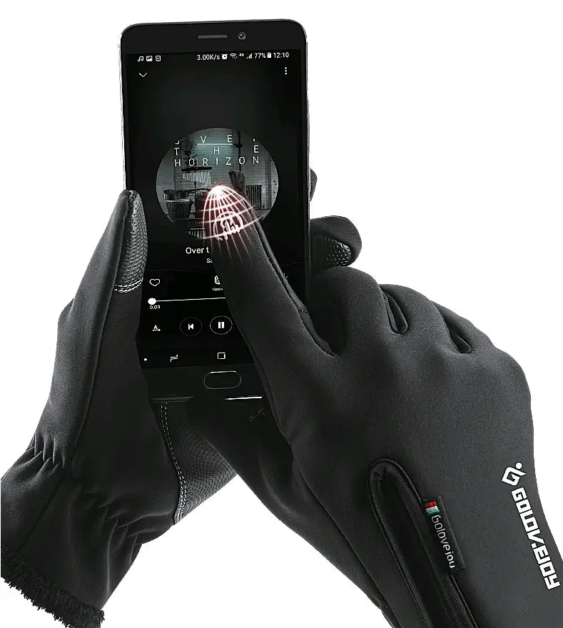 Black winter motorcycle gloves with thermal touchscreen compatible fabric, reinforced fingertips, and a zippered wrist pocket showing the back side of the gloves.