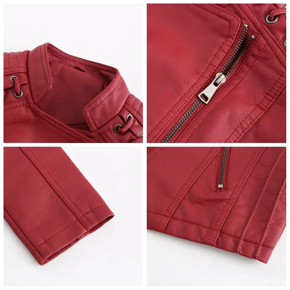 Rote Faux-Leder-Motorradjacke im Slim Fit für Damen mit silbernen Reißverschlüssen und verstellbarem Kragen als stilvolle und vielseitige Option für Oberbekleidung.