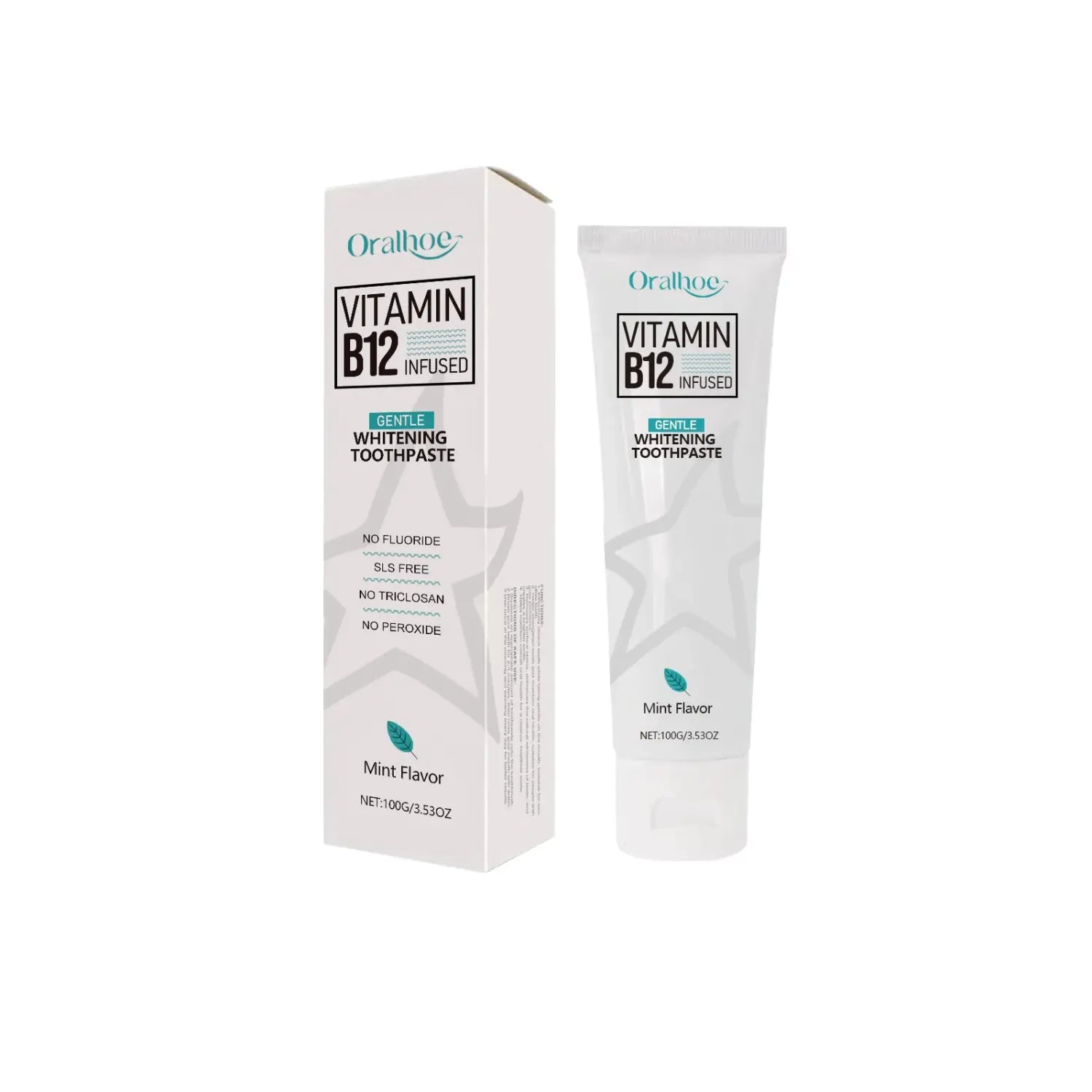 Oralbee whitening toothpaste in a white tube with vitamin B12 infusion mint flavor and matching box featuring subtle leaf graphics.