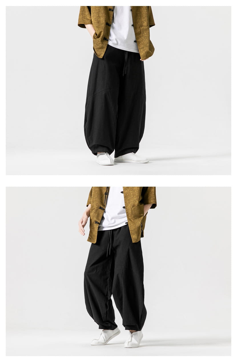 Pantalon ample en toile de tai-chi en coton noir, coupe ample, avec taille à cordon et jambes fuselées, pour un port décontracté et confortable