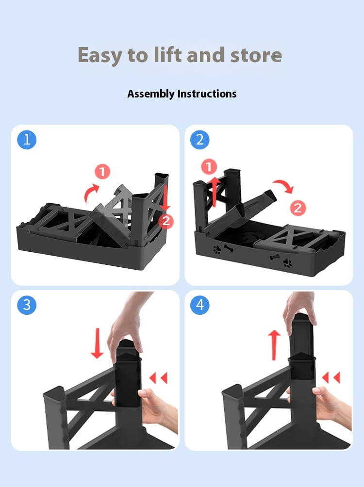 Litière pour animaux noire en plastique pliable avec motif d’empreintes de patte, présentée à côté d’un bol d’alimentation pour animaux réglable double en acier inoxydable pour l’alimentation des animaux.