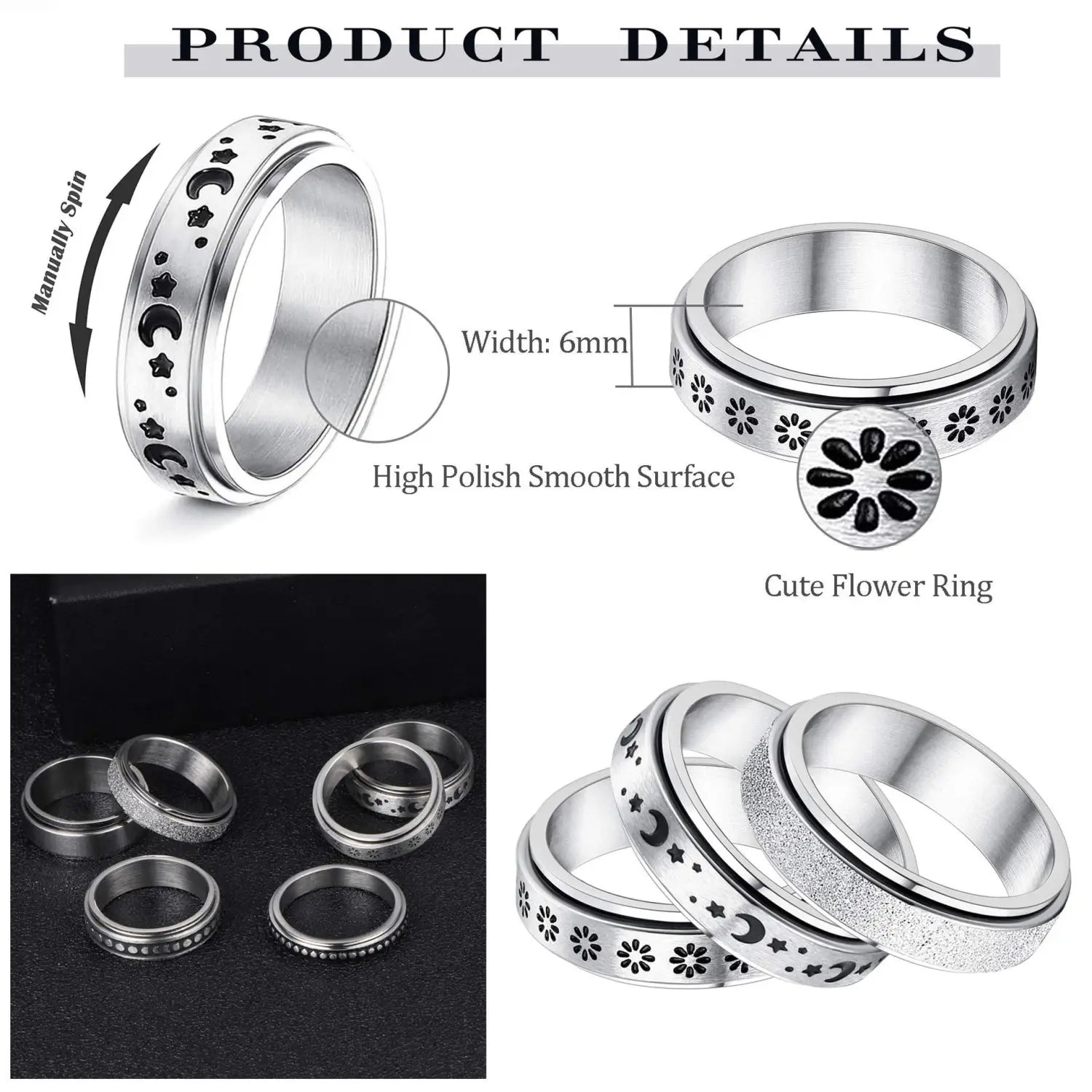 Silver stainless steel anxiety spinner ring featuring engraved moon star and flower patterns from the celestial stainless steel anxiety spinner ring set