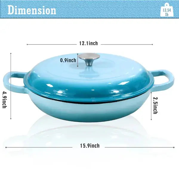 A vibrant turquoise enameled cast iron casserole pot with a matching lid and two side handles designed for braising and cooking.