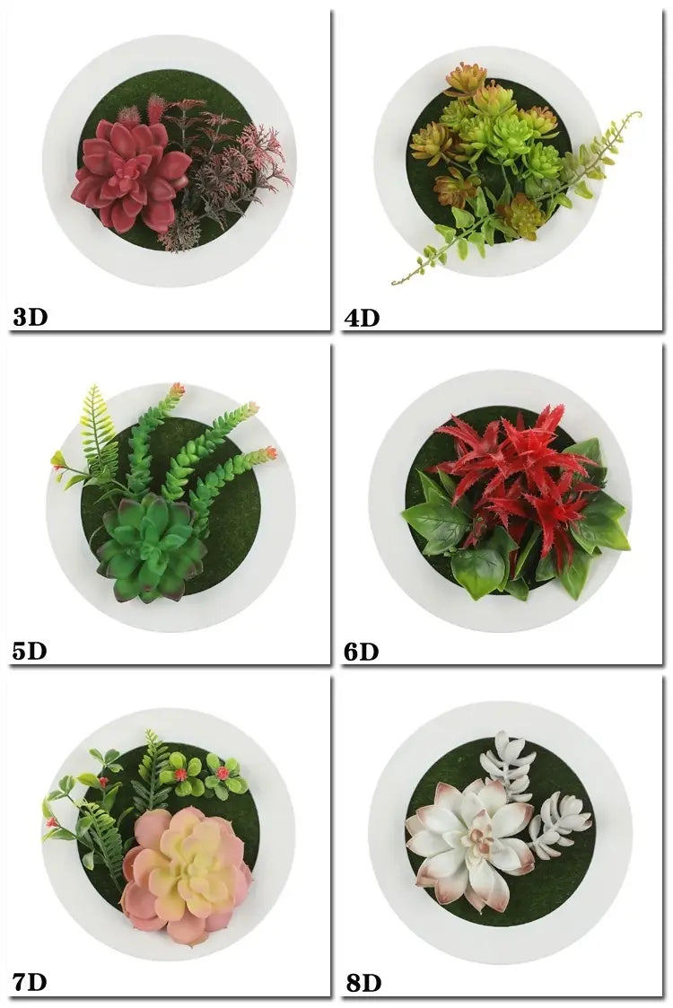 Succulent wall decor featuring 3d artificial hanging plants in circular white frames with faux green moss backing.