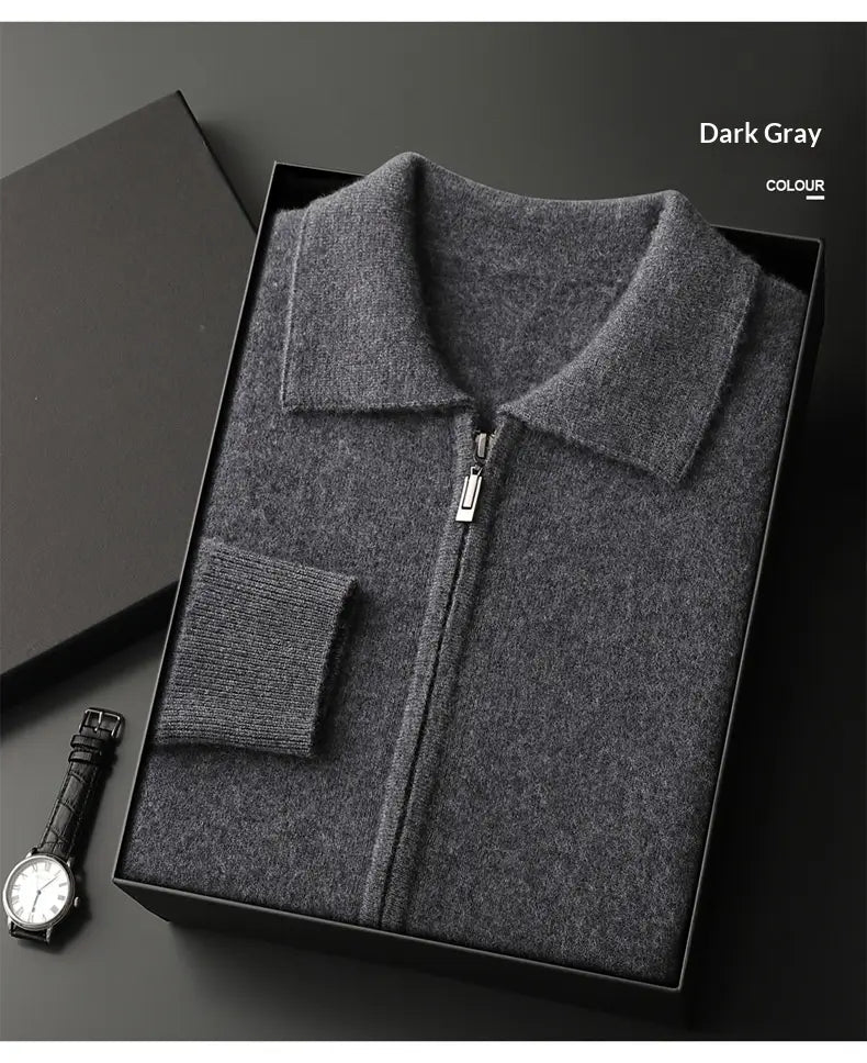 Dark gray zip-up sweater in textured knit fabric with a classic collar from the men solid color warm knitted cardigan zip jacket collection.