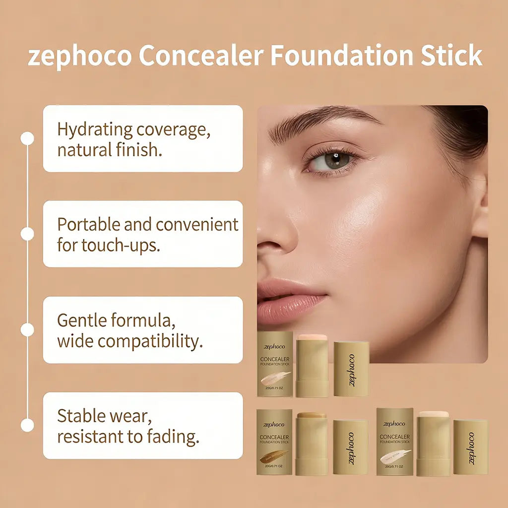 foundation stick zephoco natural concealing makeup in a sleek beige cylindrical tube with minimalist branding for smooth and natural coverage.