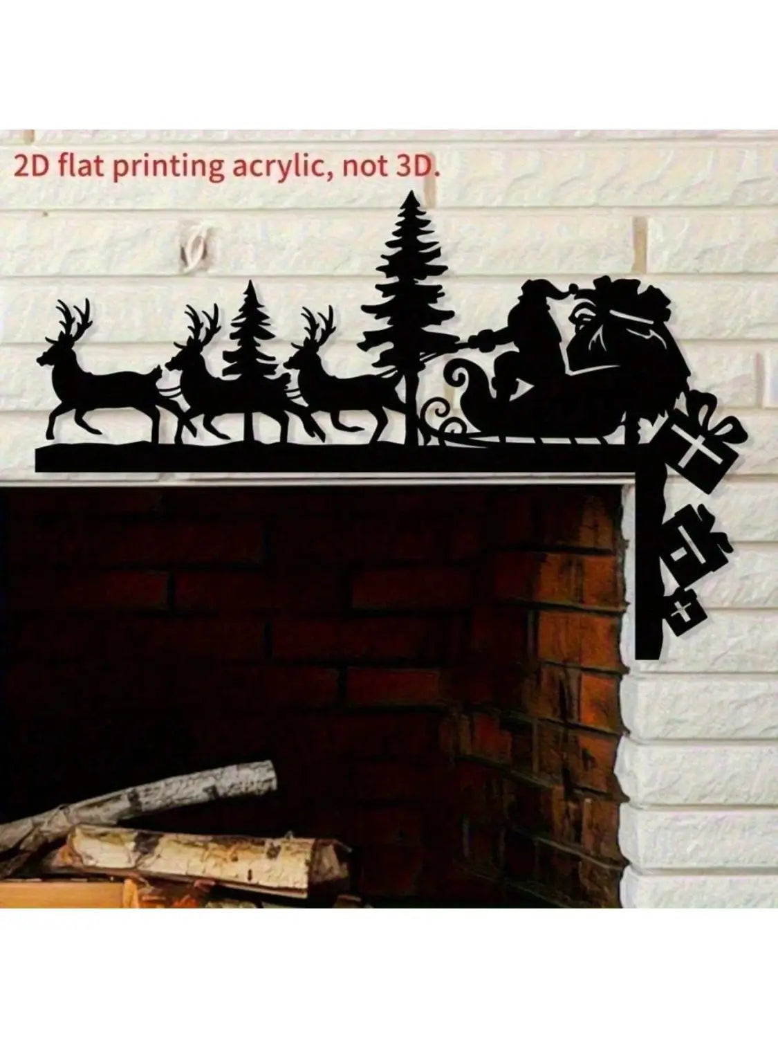 Décoration de cheminée en acrylique imprimé 2D noir du traîneau du Père Noël, présentant le Père Noël dans un traîneau tiré par des rennes, avec des sapins et des cadeaux qui tombent, pour la décoration de Noël