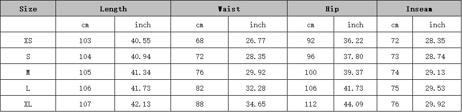 Size chart for black rhinestone wide leg jeans showing measurements in centimeters and inches from size XS to XL.