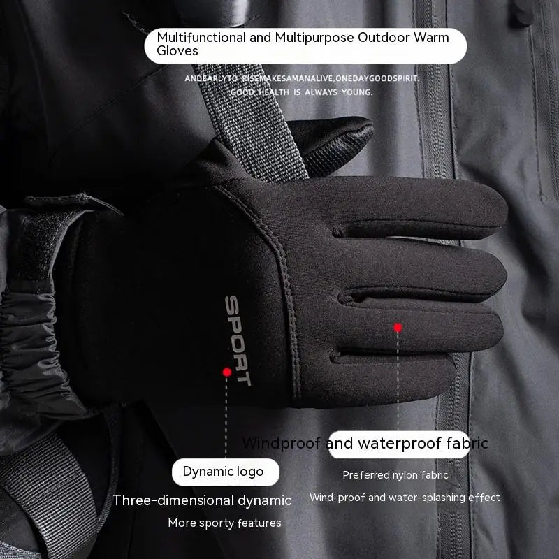 Gants thermiques à écran tactile étanches multifonctions pour extérieur noirs, fabriqués en tissu en nylon de prédilection, avec un logo de sport sur le côté arrière.