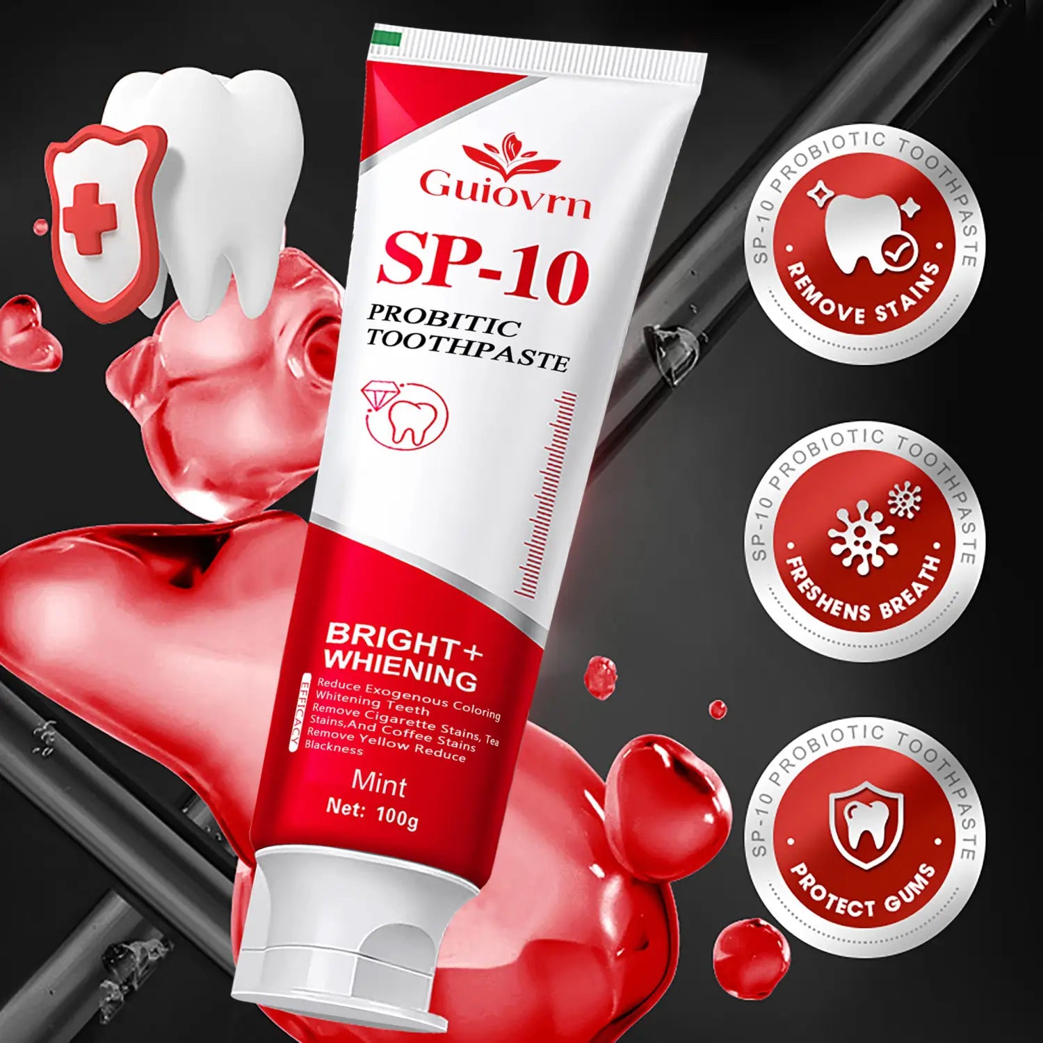 Red and white tube of Guiovrn SP-10 probiotic whitening toothpaste with mint flavor shown from the front in a 100g 2 pack product.