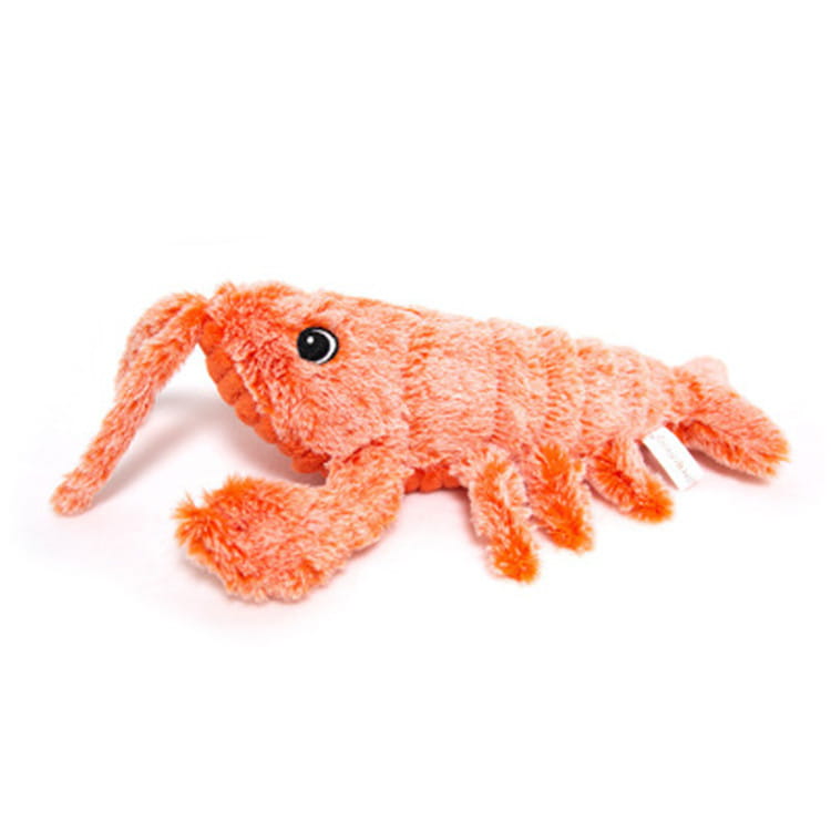 Ein plüschiges orangfarbenes Hummer-Seekrabben-Spielzeug mit flauschiger Textur und schwarzen Glitzeraugen für das elektrische hüpfende Hummer-USB-Lade-Katzen-Spielzeug