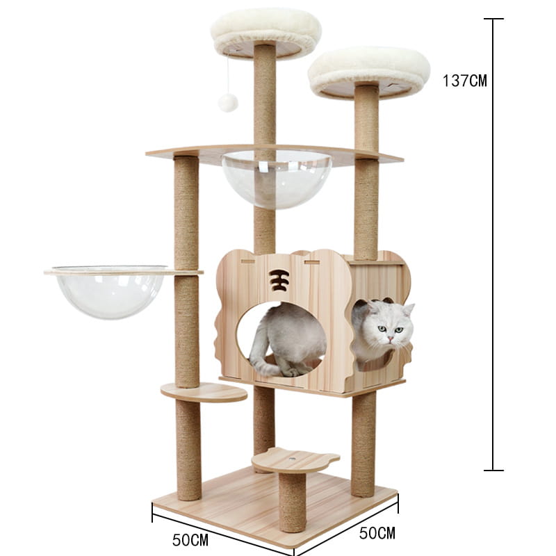 Tall multi-level wooden cat tree with light wood construction and sisal-wrapped scratching posts designed for cats to scratch and climb.