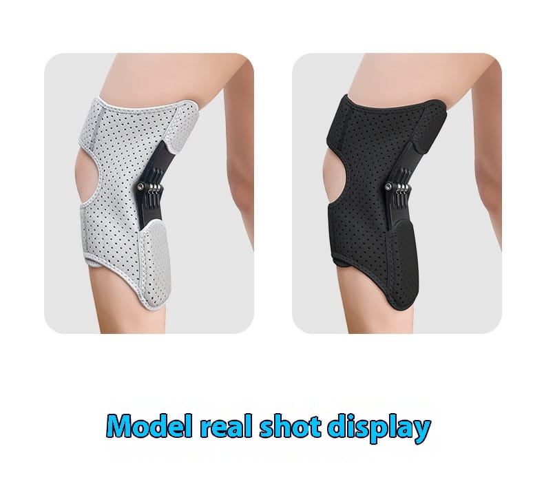 Soporte para rodillera elevadora ajustable gris y negro, con tejido perforado y mecanismo de bisagra central para un soporte personalizado, diseñado para trepar y correr.