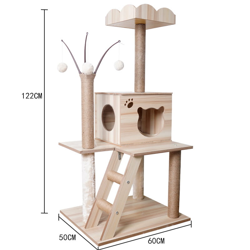 Light-colored wooden cat tree scratching post and condo featuring a bear face cutout on the central platform sisal-wrapped scratching posts and a dangling toy.