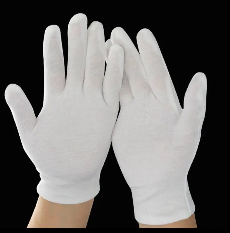 Men’s white cotton work gloves with reinforced fingertips featuring a snug fit and smooth uniform texture.
