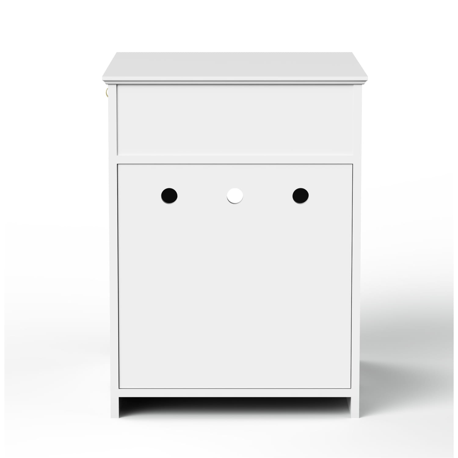 White wooden cat litter box enclosure with drawer featuring a white minimalist nightstand design with a single drawer and lower cabinet with three circular knobs two black and one white.