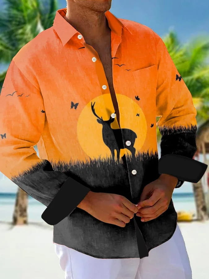 Men beige linen shirt with geometric trim featuring an orange and black long-sleeved button-up design with a deer silhouette against a sunset on the back side.