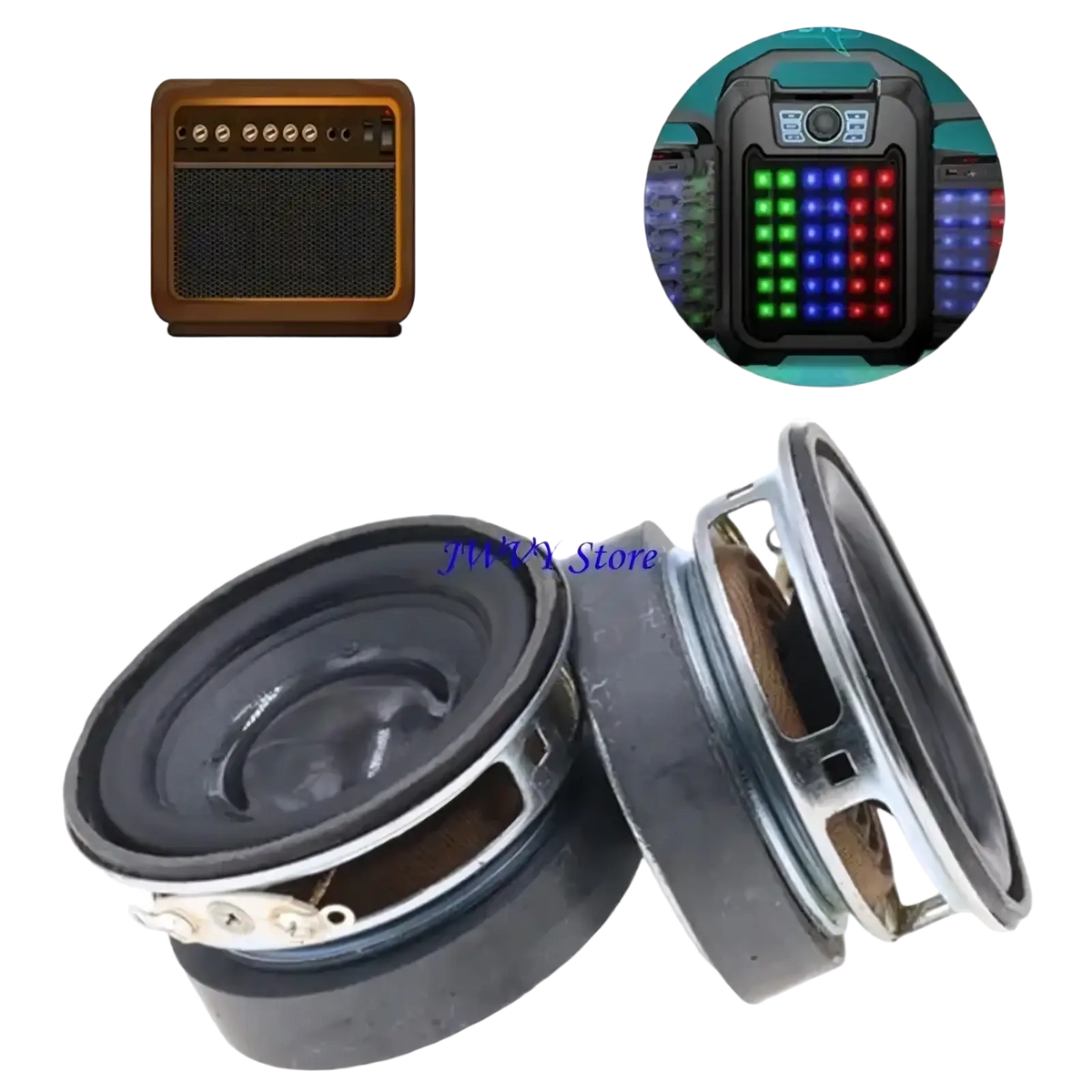 Black and silver 45mm 3w 4 ohm circular speakers with metallic frame and black cone for home audio diy shown with amplifier and portable speaker
