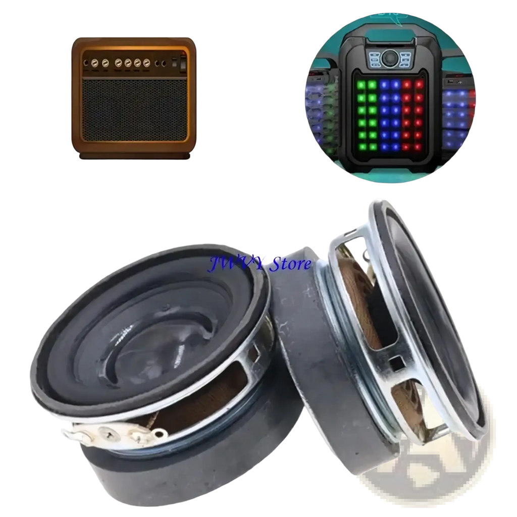 Black and silver 45mm 3w 4 ohm circular speakers with metallic frame and black cone for home audio diy shown with amplifier and portable speaker