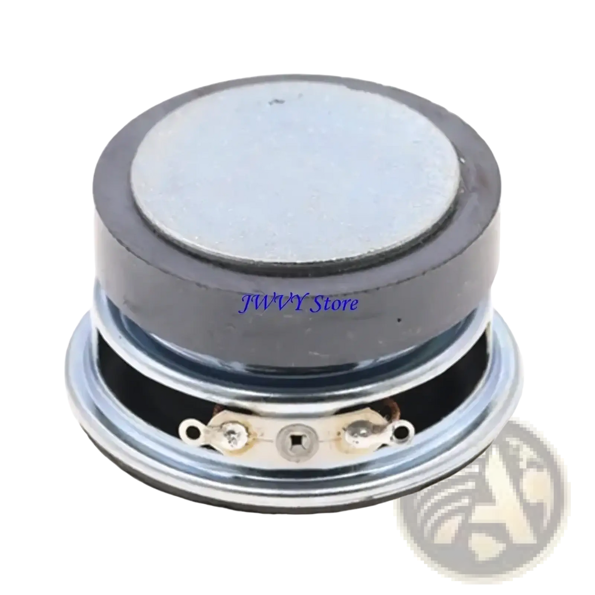 Circular black and silver 45mm 3w 4 ohm speaker driver with metallic cone and wiring terminals for home audio diy