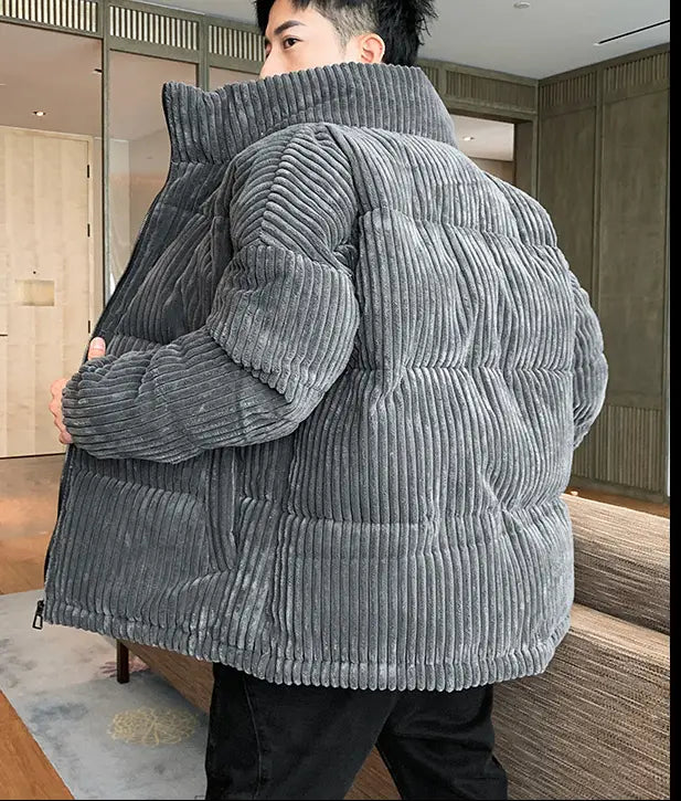 Men’s thickened gray corduroy puffer jacket with high collar and ribbed texture.