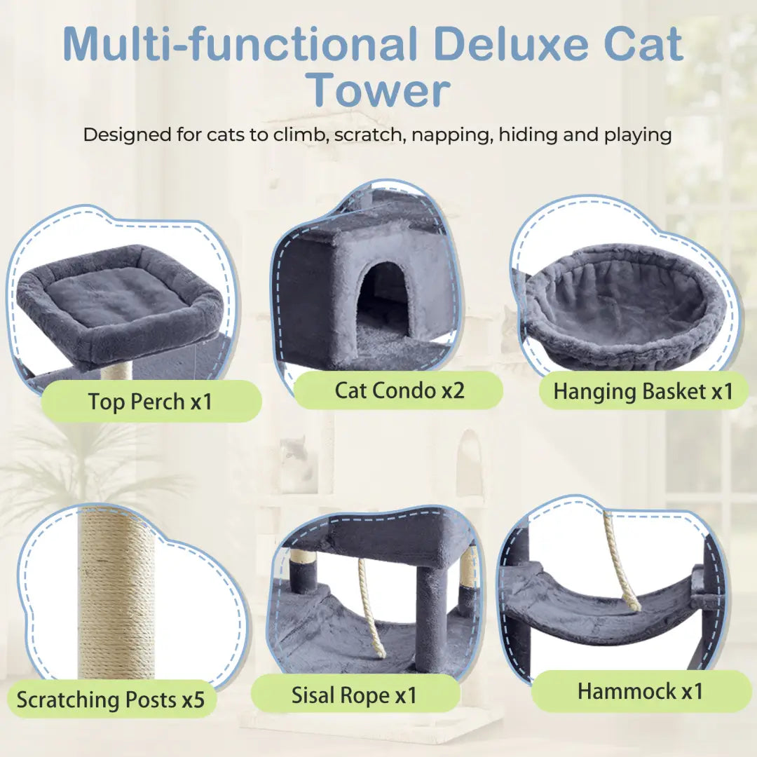 Gray multi-functional deluxe 66 inch multi-cat tree tower and condo featuring plush perches, a cozy condo, and scratching posts for cats to climb, scratch, nap, hide, and play.