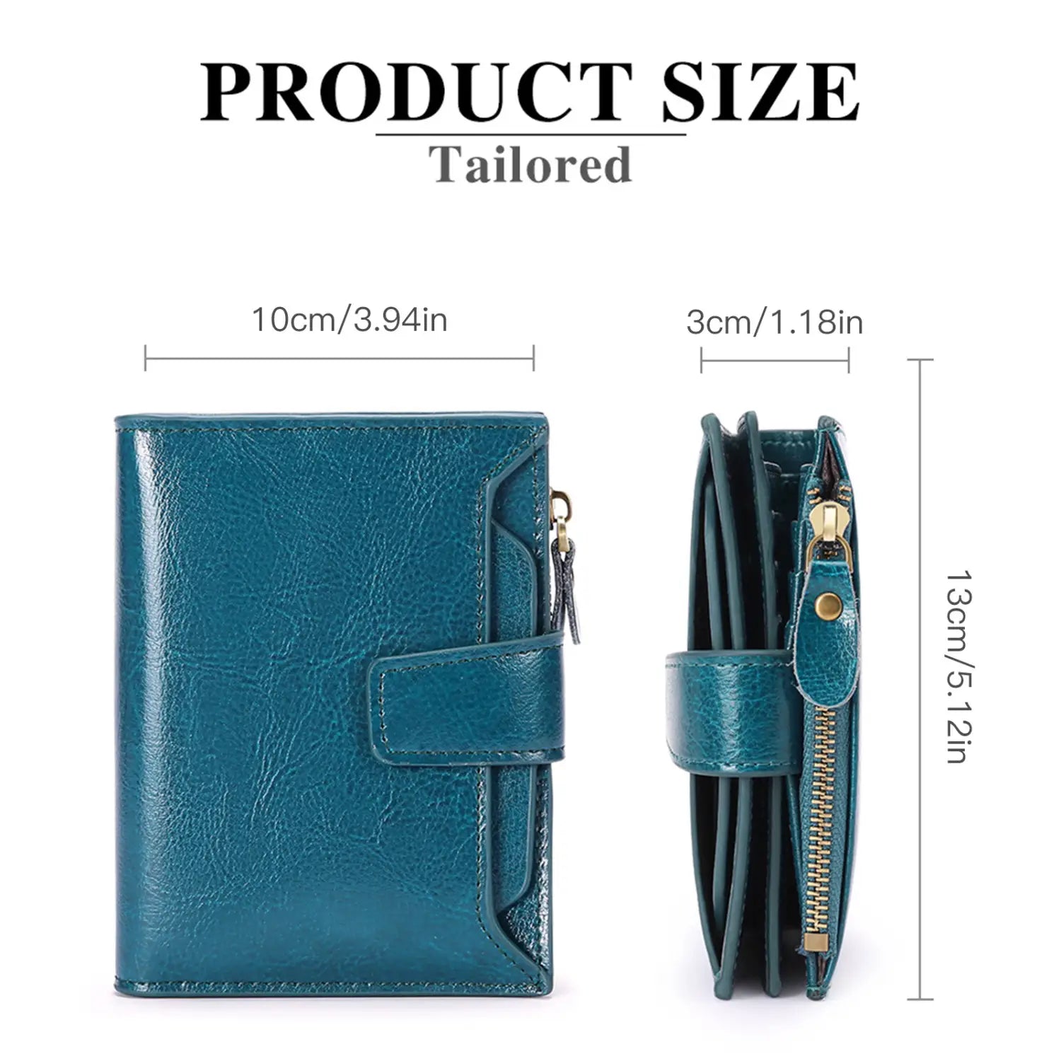 Teal leather rfid wallet with zipper closure and flap strap featuring anti theft security.