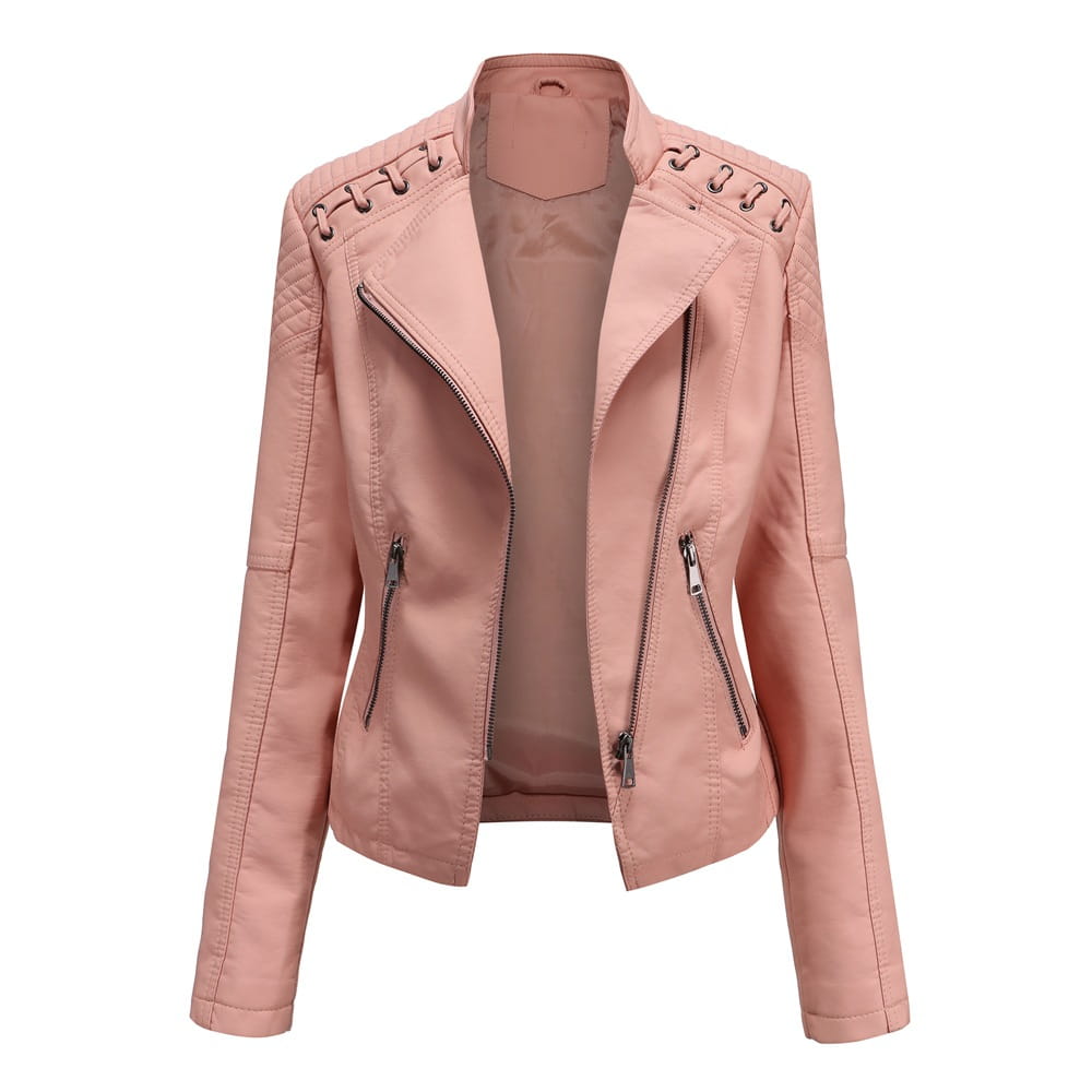 Eine rosafarbene Faux-Leder-Motorradjacke mit Slim-Fit-Mantel-Design, für Frauen mit Schnürschultern und Frontreißverschlüssen.